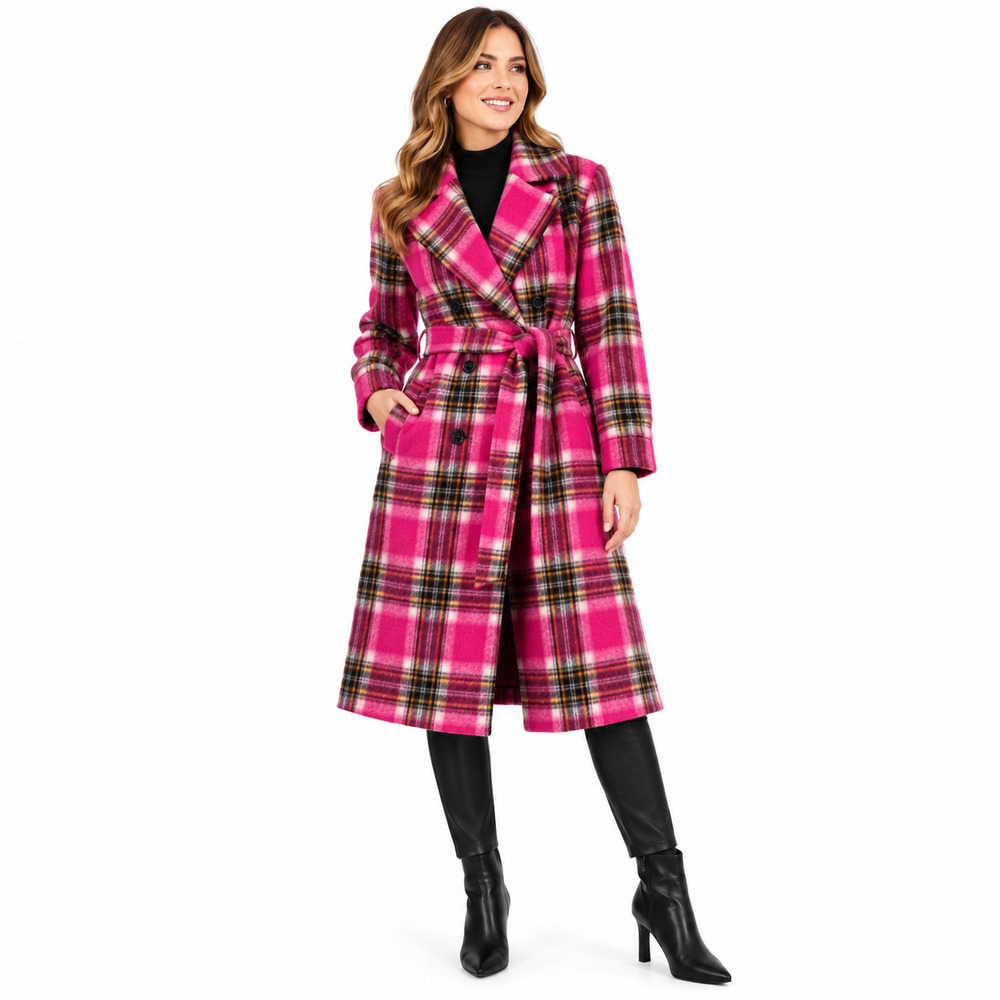 Aqua Outerwear Womens Coat Size Small Pink Plaid Belted Double Breasted Peacoat